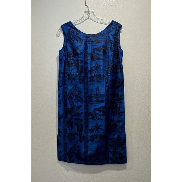 Hawaiiana Modes Honolulu XS VTG Dress Blue Gold Palm Tree Hawaiian Print Resort - Picture 2 of 9